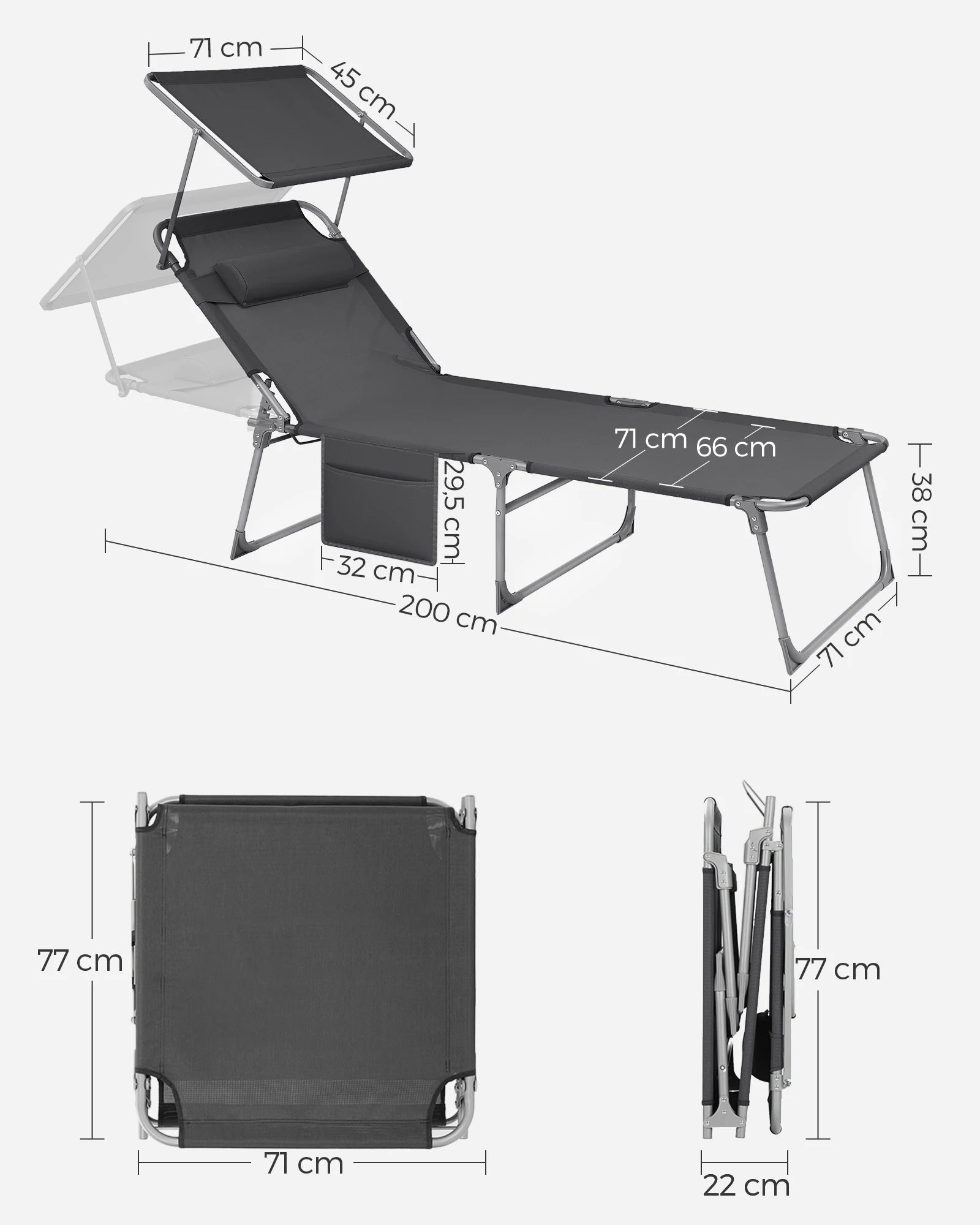 Zonnebed – Ligstoel – Tuinbed – Strandbed – Inklapbaar – Verstelbare Parasol – Gepoedercoat Staal - QUORE