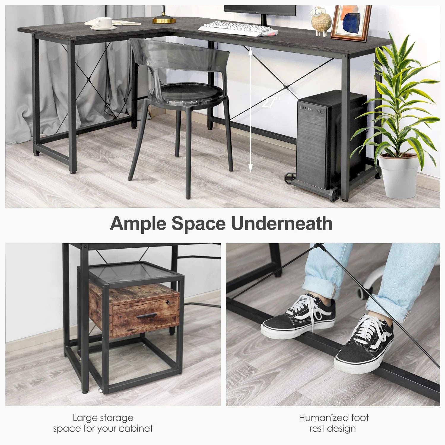 L-Shape Bureau Donkergrijs – Hoekbureau – Computerbureau – Werkplekbureau – Gamersbureau – Stevig MDF Blad – Verstelbare Pootdop - Donkergrijs - QUORE