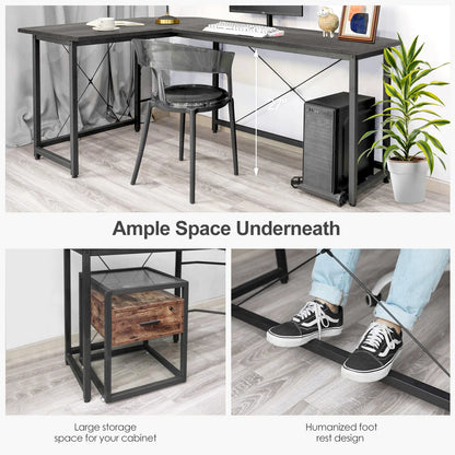 L-Shape Bureau Donkergrijs – Hoekbureau – Computerbureau – Werkplekbureau – Gamersbureau – Stevig MDF Blad – Verstelbare Pootdop - Donkergrijs - QUORE