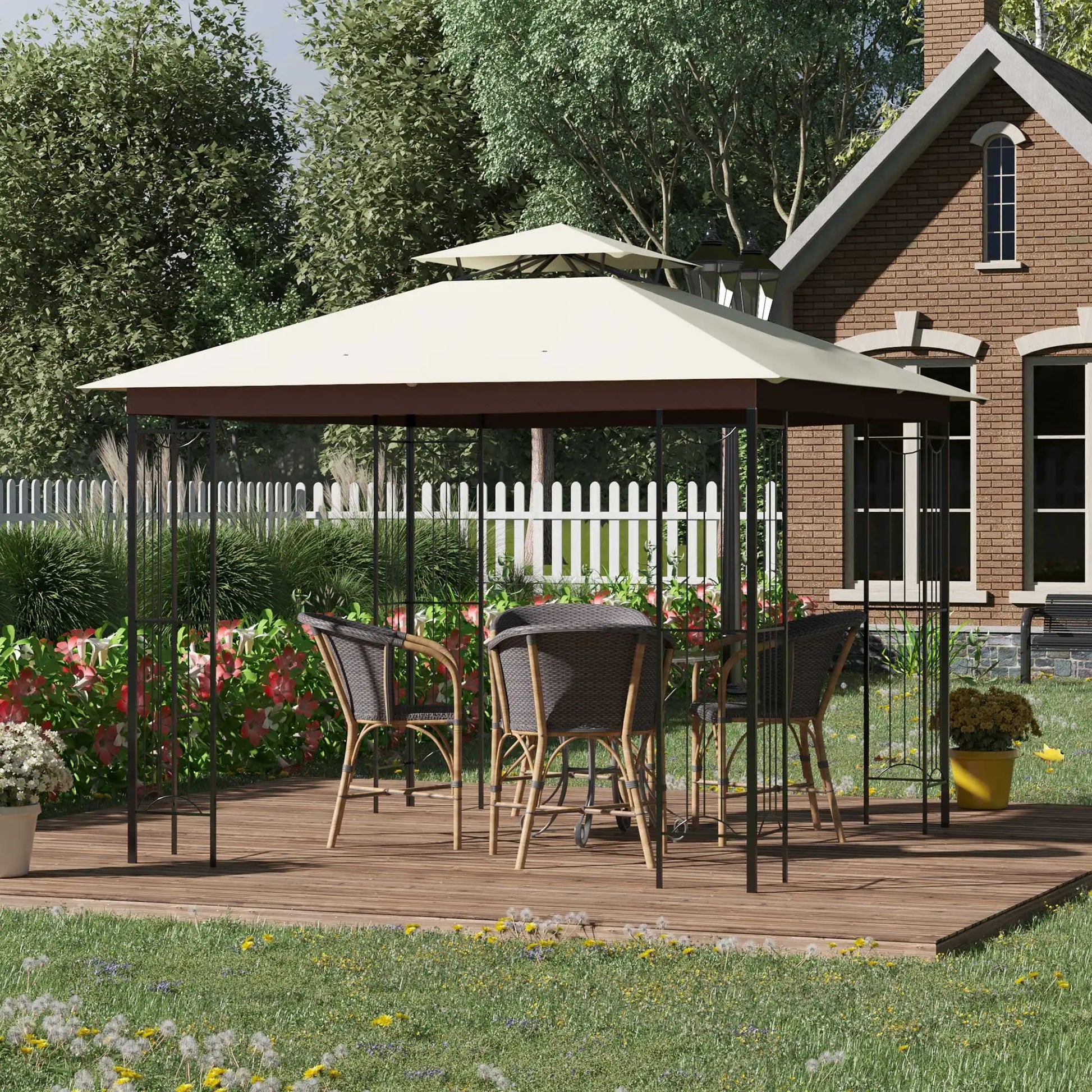 Prieel - Tuinprieel - Tuin Paviljoen - Luxe Garden Paviljoen 3x3m - Met Dubbele Ventilatiedak & Zonnedoek - Beige - 297x297x265 cm - QUORE