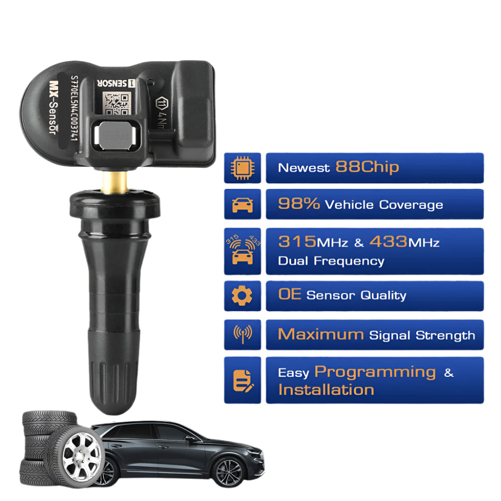 2-in-1 TPMS Sensoren - Bandenspanningsmeter - Bandenspanning - 315MHz + 433MHz -  4 Stuks – Compatibel met Meerdere Diagnoseapparaten - QUORE