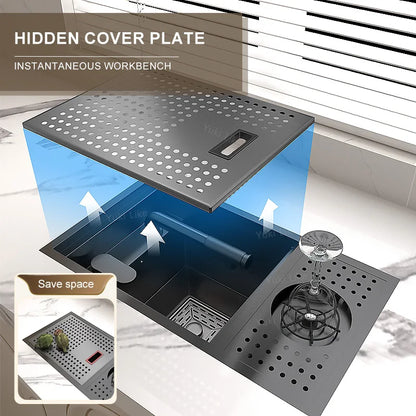 Hidden Cup Washer Bar Sink Stainless Steel Kitchen Sink Garden Coffee Sinks Wash Basin Mini Small Single Slot With Cover Plate