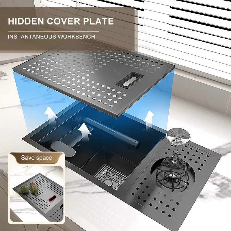 Hidden Cup Washer Bar Sink Stainless Steel Kitchen Sink Garden Coffee Sinks Wash Basin Mini Small Single Slot With Cover Plate