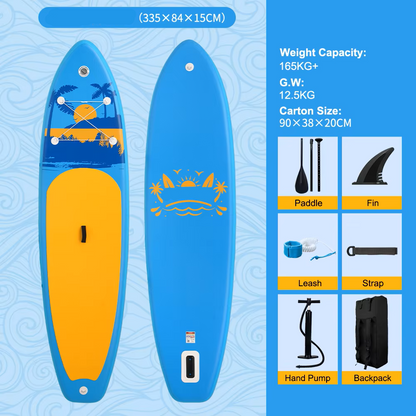 Supboard - Paddle Board - Peddelplank - Surfplank - Opblaasbaar - Inc. Peddel - Vin - Leash - Riem - Handpomp - Rugzak - 335 x 84 x 15 cm - Lichtblauw & Geel