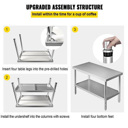 Roestvrijstalen Werktafel - Keukentafel - Keuken Werktafel - Keukeneiland - Werkbank - Verstelbare Onderniveau - 48x30x34inch - Industriële Werktafel RVS - Met Opbergruimte