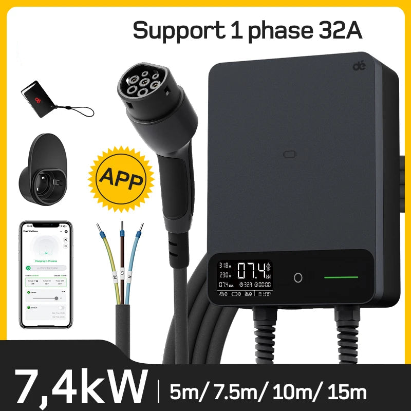 Wallbox Laadpaal – EV Oplaadpunt – Elektrische Auto Lader – Type 2 Laadstation – 7,4 kW Instelbaar Vermogen – 15m Kabel Met RCD Type B Veiligheid