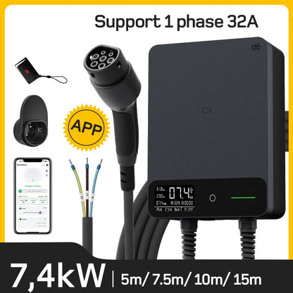 Wallbox Laadpaal – EV Oplaadpunt – Elektrische Auto Lader – Type 2 Laadstation – 7,4 kW Instelbaar Vermogen – 15m Kabel Met RCD Type B Veiligheid