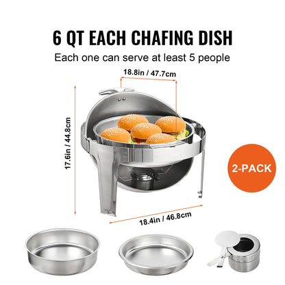 SucceBuy Roll Top Chafing Dish Buffet Set 6 Qt 2 Pack Stainless Steel Chafer with 2 Full Size Pans Round Catering Warmer Server