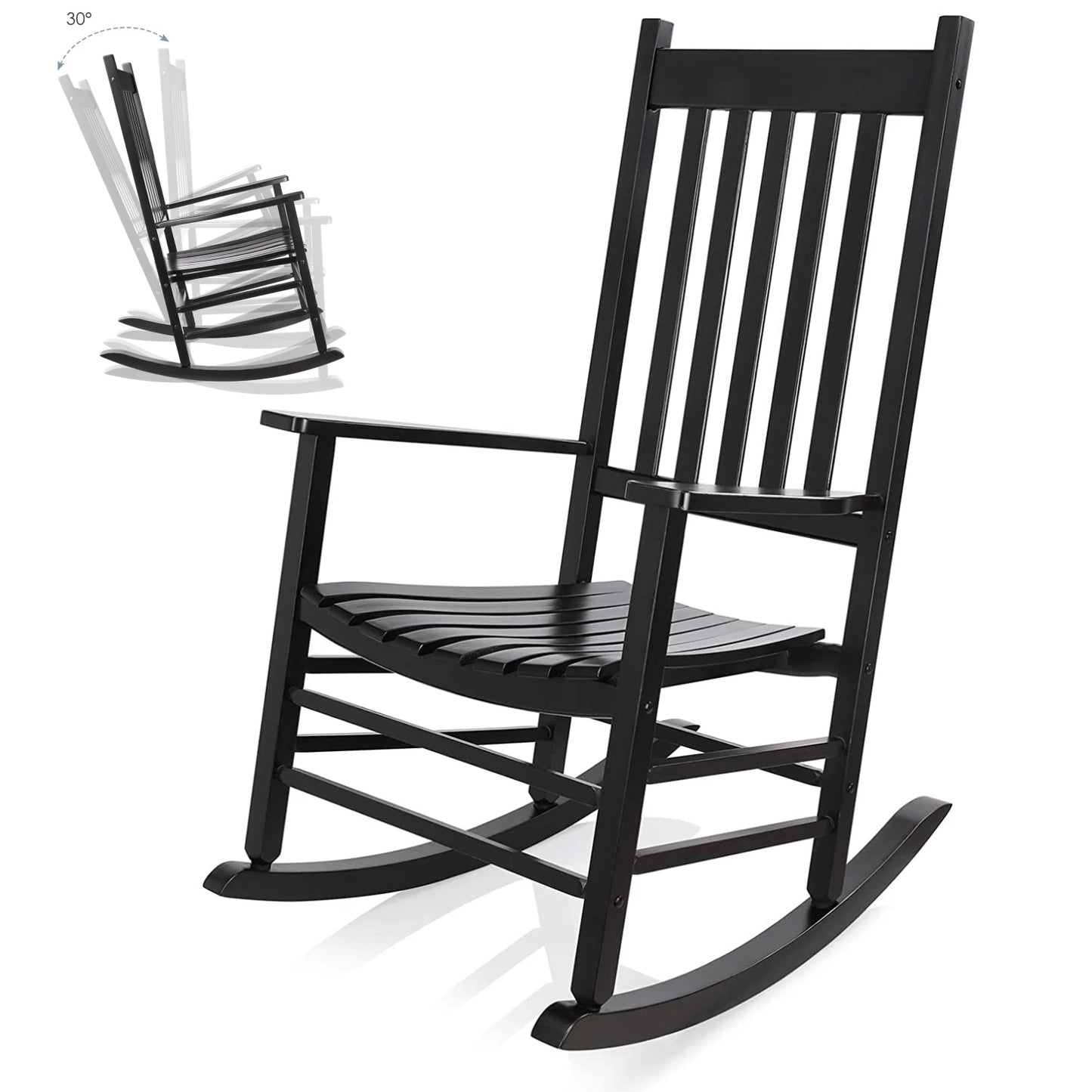Schommelstoel - Tuinstoelen - Draaifauteuil - Houten - Grote Porche Rocker, Stoelen voor Slaapkamer, Woonkamer, Tuin en Balkon - Tuinstoelen - Strandstoel - Zwart