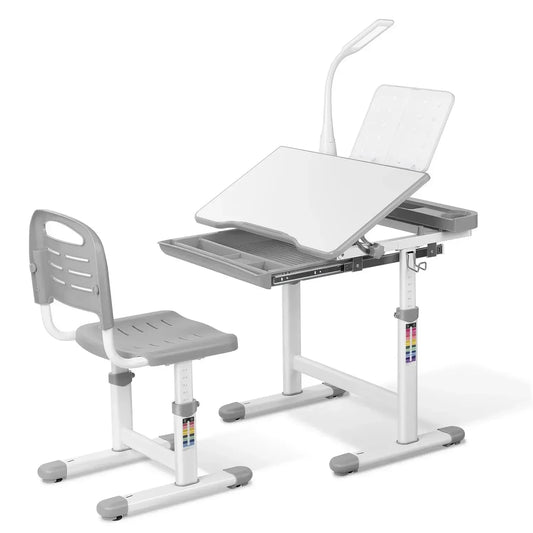 Kinderbureau – Kindertafel – Bureau Met Stoel – Studietafel – Kinderwerkplek – Verstelbare Hoogte 54-76,5 cm – Inclusief LED Bureaulamp Met Instelbare Lichtkleuren - QUORE