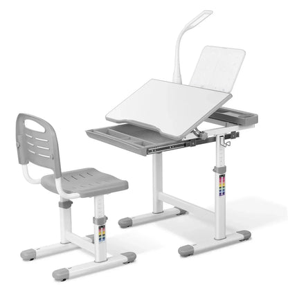 Ergonomisch Kinderbureau – Kinderbureau Met Stoel – Verstelbaar Bureau – LED Leeslamp – Kantelbaar Tafelblad – Met Opberglade