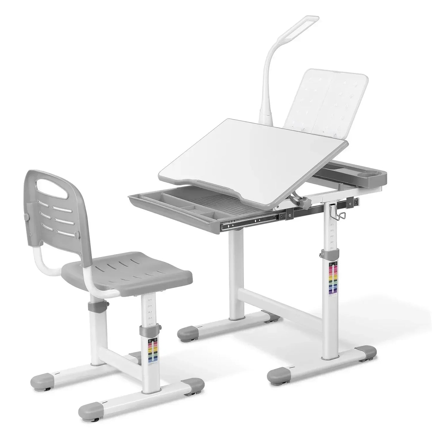 Ergonomisch Kinderbureau – Kinderbureau Met Stoel – Verstelbaar Bureau – LED Leeslamp – Kantelbaar Tafelblad – Met Opberglade - Lichtgrijs