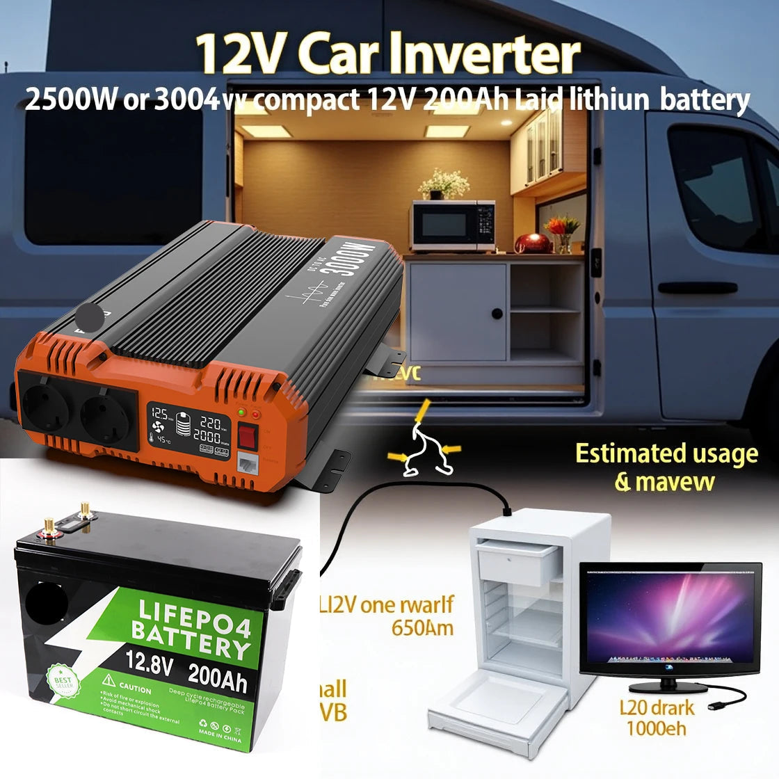 12V LiFePO4 Batterij – Lithium-IJzerfosfaat Accu – Noodstroomvoorziening – Draagbare Batterij – 200Ah Capaciteit – 3000W Pure Sinusgolf Omvormer