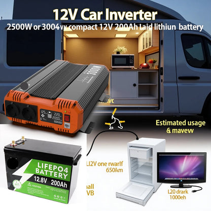 12V LiFePO4 Batterij – Lithium-IJzerfosfaat Accu – Noodstroomvoorziening – Draagbare Batterij – 200Ah Capaciteit – 3000W Pure Sinusgolf Omvormer