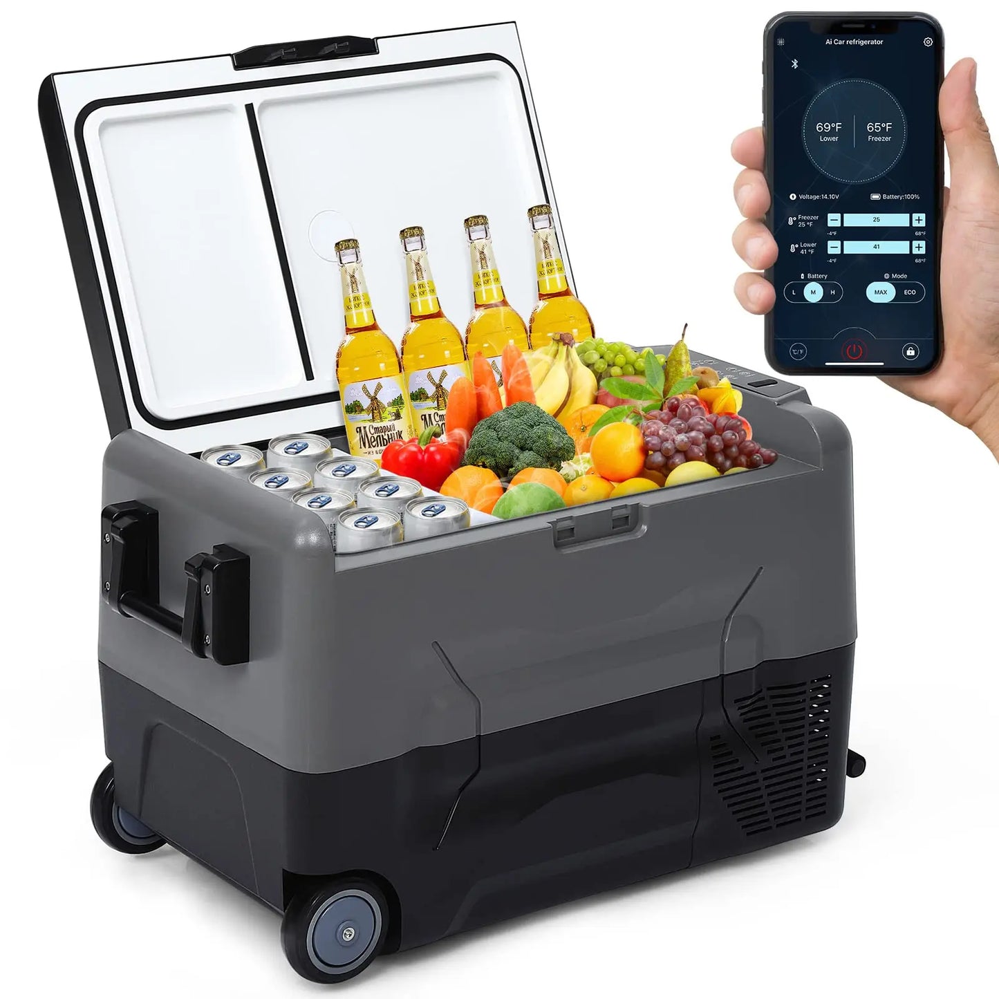 Draagbare Autokoelkast – Mobiele Koelbox – Auto Koelkast – Camping Koelkast – 35 Liter – Dual-Zone Koeling – App-Bediening - QUORE
