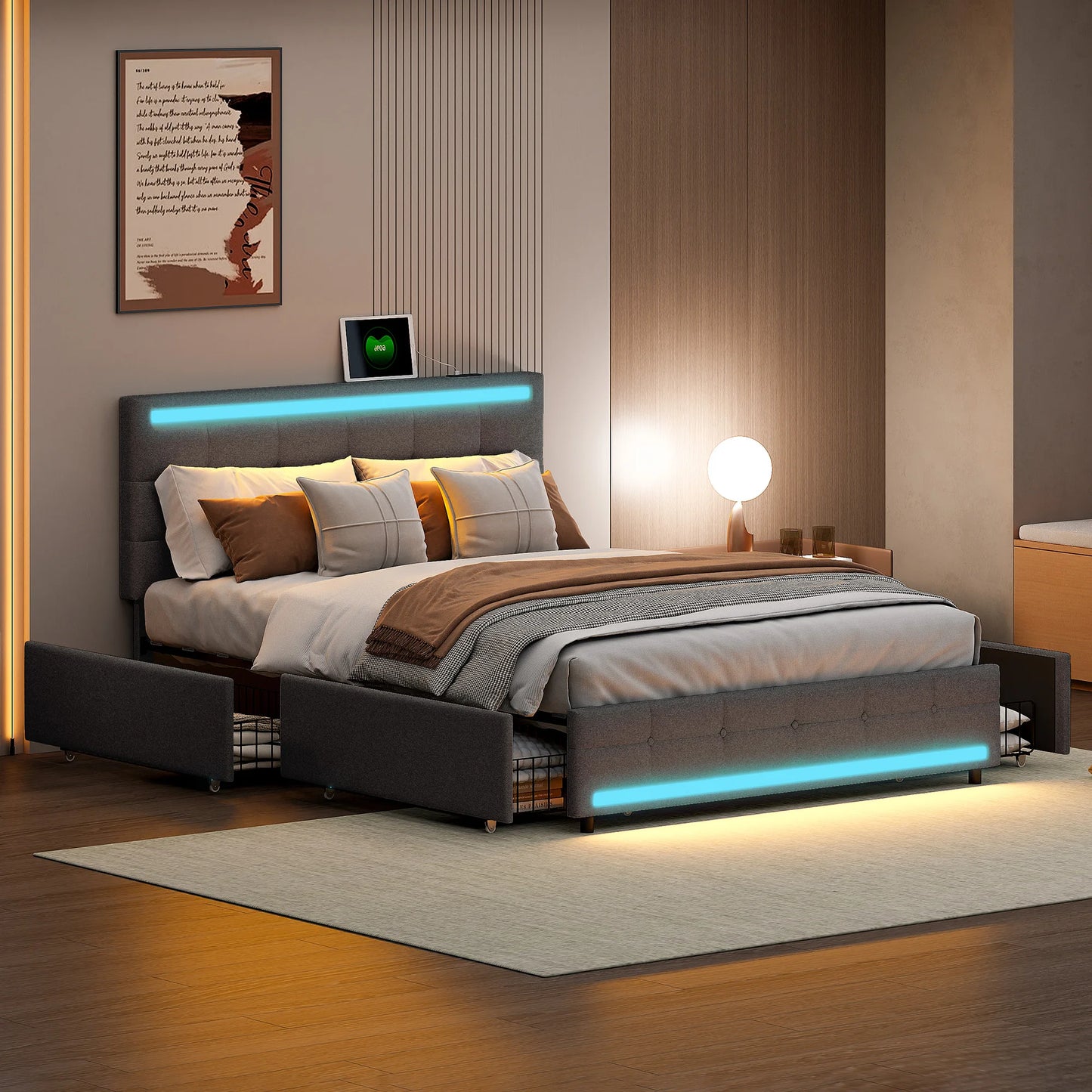 Gepolsterd Bed – Bed Met Opbergladen – Led Bed – Opbergbed – Slaapbed – Grijs – 140x200 Cm – Met 4 Laden En 2 Usb-Laders