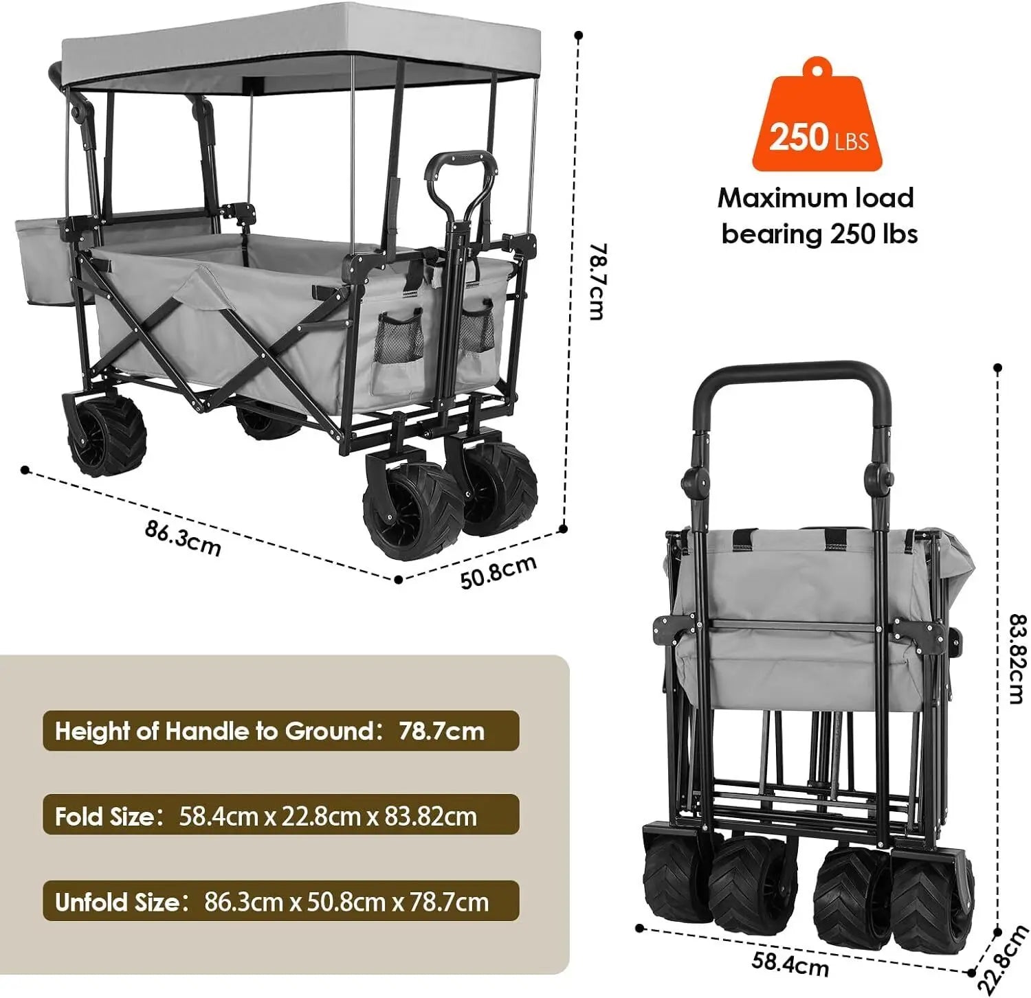 Opvouwbare Bolderkar - Inklapbare Bolderkar - Bolderkar - Verwijderbare Luifel - 262L Transportkar - 115kg Draagvermogen - Grote Offroad Wielen - Tuin - Strand - Zwaar Belastbaar - Camping - Zwart - QUORE