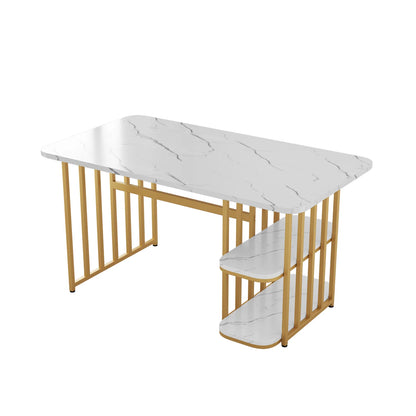 Eettafel Set – Eettafel Met Stoelen – Eetkamerset – Opbergtafel – Witte En Gouden Kleurstelling – Stevig Met Metalen Frame
