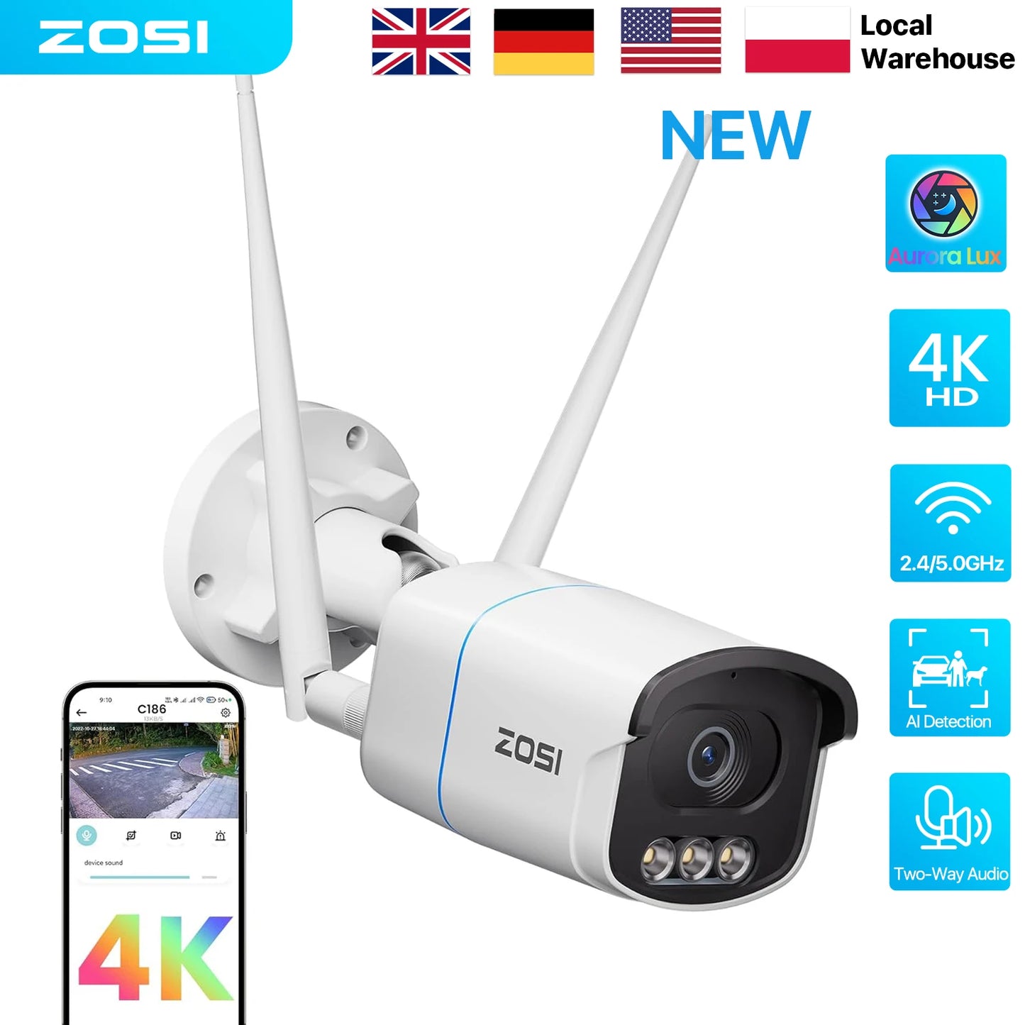 Beveiligingscamerasysteem - CCTV Bewakingscamera - 5MP 3K HD - AI Bewegingsdetectie - Full Color Nachtzicht - IP66 Waterdicht - Draadloos via WiFi - Buitenbeveiliging - 1 Stuk - Wit