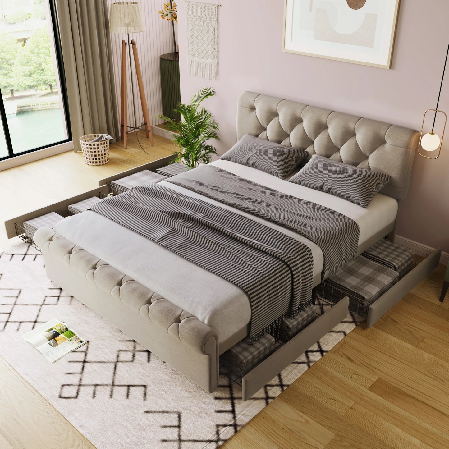 Polsterbed – Tweepersoonsbed – Bed Met Opbergladen – Bed 140x200 Cm – Verstelbaar Hoofdeinde – Huidvriendelijke Linnenstof - QUORE