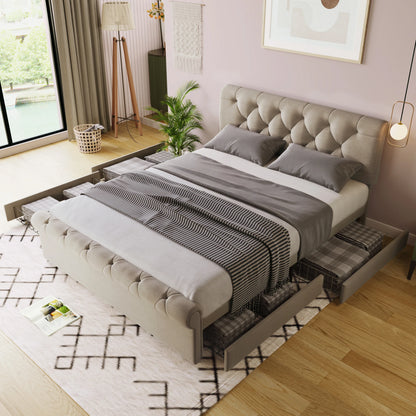 Polsterbed – Tweepersoonsbed – Bed Met Opbergladen – Bed 140x200 Cm – Verstelbaar Hoofdeinde – Huidvriendelijke Linnenstof - QUORE