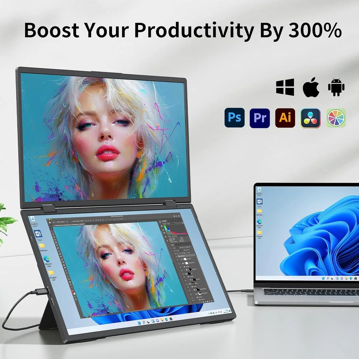 Draagbare Monitor – Opvouwbare Monitor – Dubbele Monitor – Mobiele Monitor – Laptop Scherm – 15,6 Inch – Full HD IPS – 360° Draaibaar & Opvouwbaar