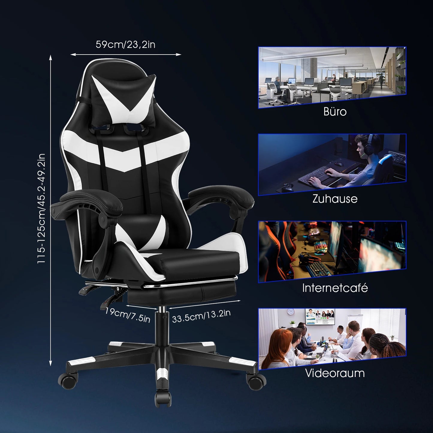 Gaming Stoel - Massage Gaming Stoel - Bureaustoel - Swivel Stoel - met Voetsteun - Hoofdsteun - Verstelbare - Rugleuning - 6-puntsmassage - Ergonomische - Draaibare - 59 x 68 - 115-125 - Zwart & Wit