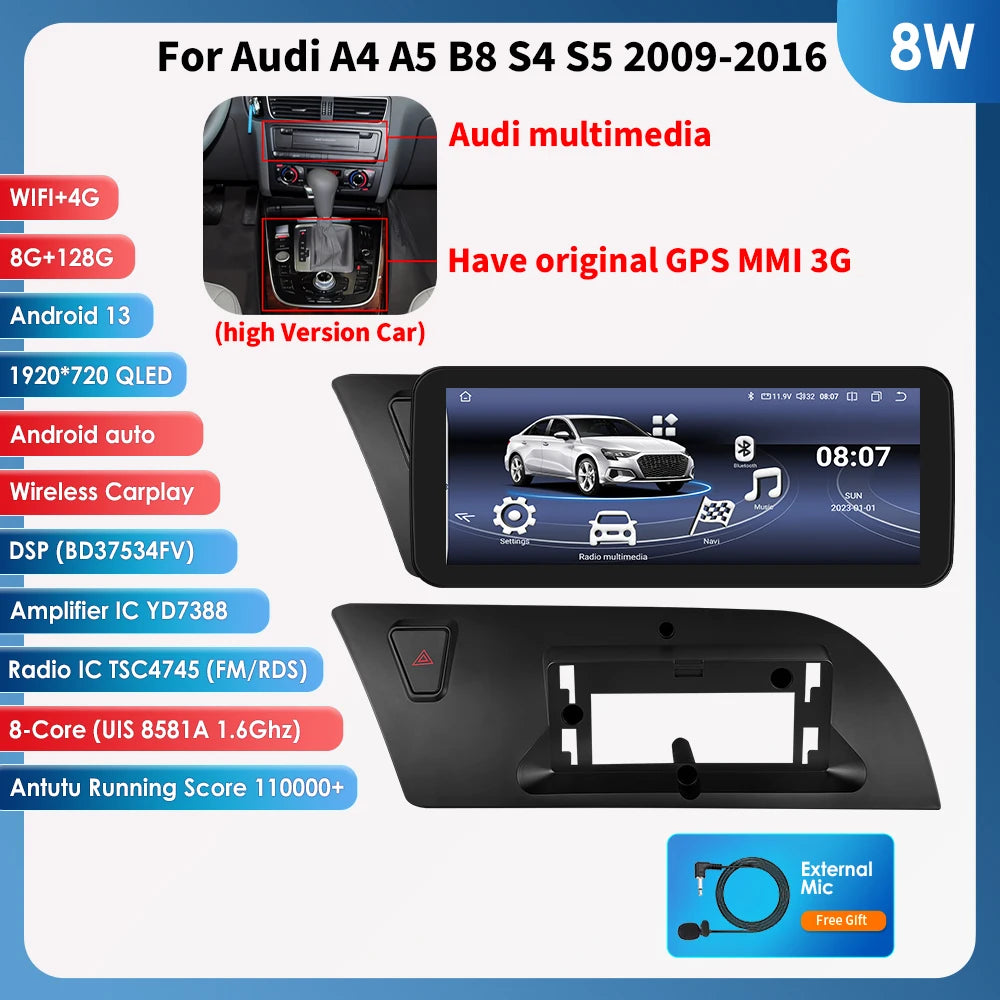Hizpo AI Voice WIFI 4G-LTE Android 13 Car Radio for Audi A4 A5 B8 S4 S5 2009-2016 Multimedia Video Player GPS 2din BT Autoradio