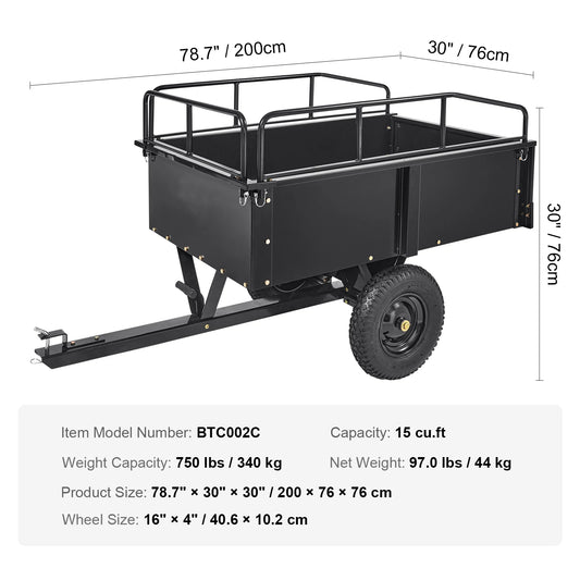 Trekhaak Tuinkar - Kar - Transportwagen - Tandem Trailer - Heavy Duty Stalen ATV Dump Trailer - 12CuFt - Verwijderbare Zijkanten & Banden – Geschikt voor Maaiers & Tractoren - QUORE