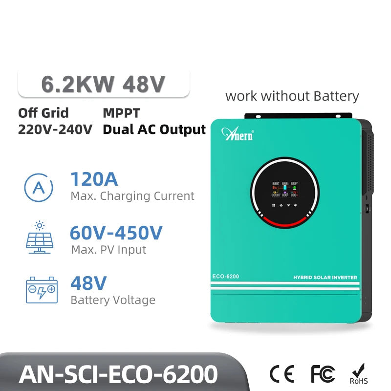 Hybride Zonne-Energie Omvormer – Solar Inverter – PV Omvormer – Energie Omzetter – Zonnestroom Regelaar – Variant Eco-6200 No WiFi – Mppt Lader 120A – Compatibel 12V 24V 48V