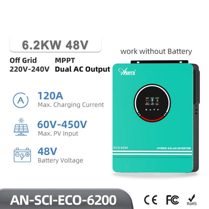 Hybride Zonne-Energie Omvormer – Solar Inverter – PV Omvormer – Energie Omzetter – Zonnestroom Regelaar – Variant Eco-6200 No WiFi – Mppt Lader 120A – Compatibel 12V 24V 48V