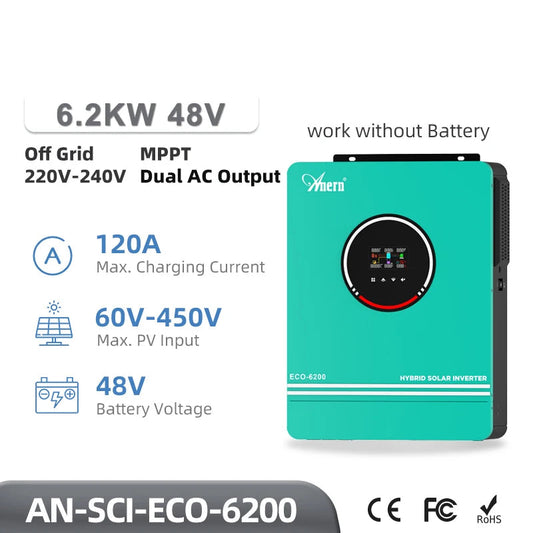 Hybride Zonne-Energie Omvormer – Solar Inverter – PV Omvormer – Energie Omzetter – Zonnestroom Regelaar – Variant Eco-6200 No WiFi – Mppt Lader 120A – Compatibel 12V 24V 48V