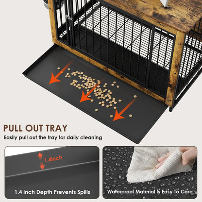 Hondenbench – Hondenkooi – Hondenkennel – Hondenhuis – Hondenhok – MDF Hout & Staal – 360° Draaibare Roestvrijstalen Voerbakken - 39inch - Bruin - QUORE