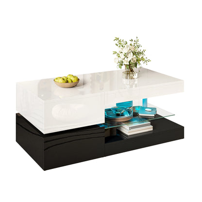 Modern coffee table with LED ambient lighting, app and Bluetooth control, glass shelf and high-gloss surface, black and white