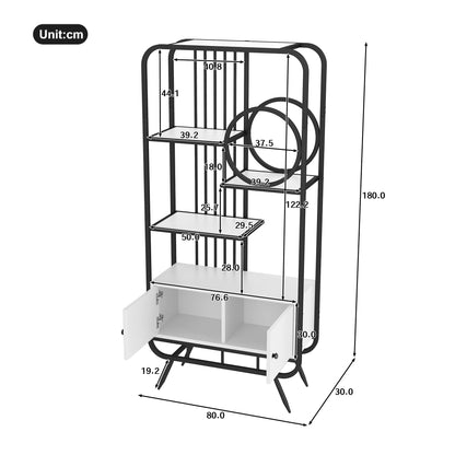 Metalen Rek – Opbergkast – Boekenplank – Wandmeubel – Sierrek – 180 cm Hoog – Zwart Metaal & Wit MDF – Dubbele Deuren – Ronde Hoeken