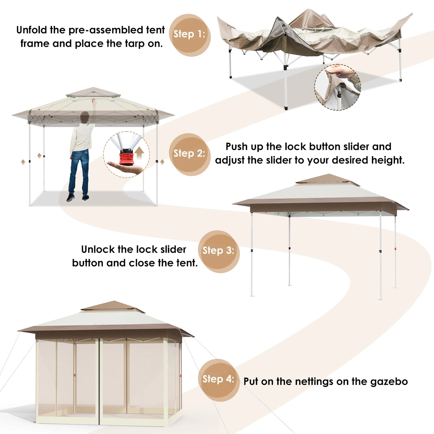 Tuinpaviljoen – Tuinoverkapping – Partytent – Schaduwdoek – Moskitonet – Waterdicht Polyester – Verstelbare Hoogte Tot 291 Cm