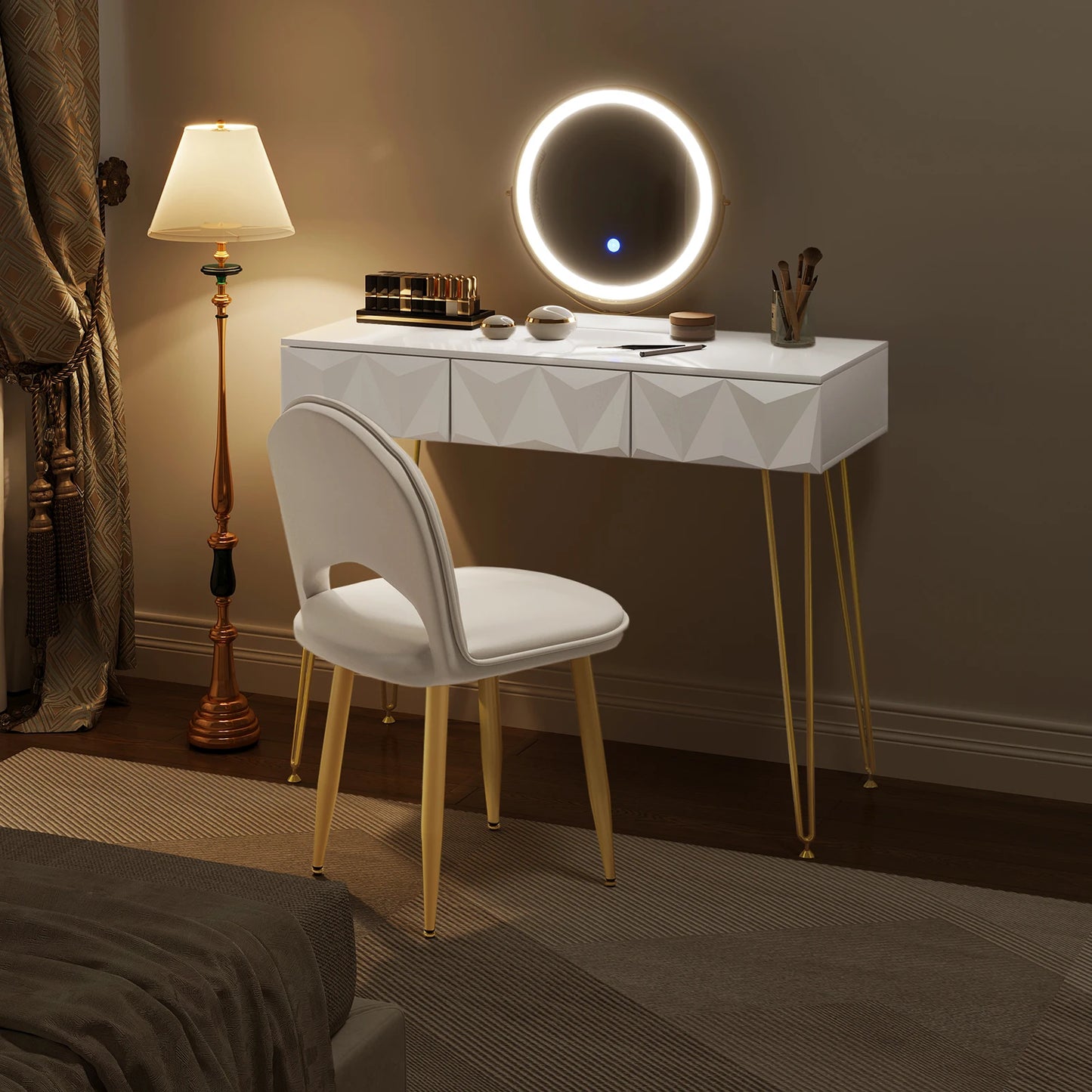Make-Uptafel – Make-Up Meubel – Schminktafel – Beautytafel – Met Led-Verlichting – 3 Ruime Laden – Velvet Stoel - QUORE