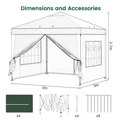 Paviljoen - Tuinpaviljoen - Partytent - Tuintent - Pop-up Kliksysteem - Stabiel - Vouwtent - met Zijwanden - voor 4-6 Personen - Opvouwbaar - Waterdicht - Winterbestendig - 50+UV-Bescherming - voor Tuin - Buiten - Achtertuin - 3 x 3 m - Groen