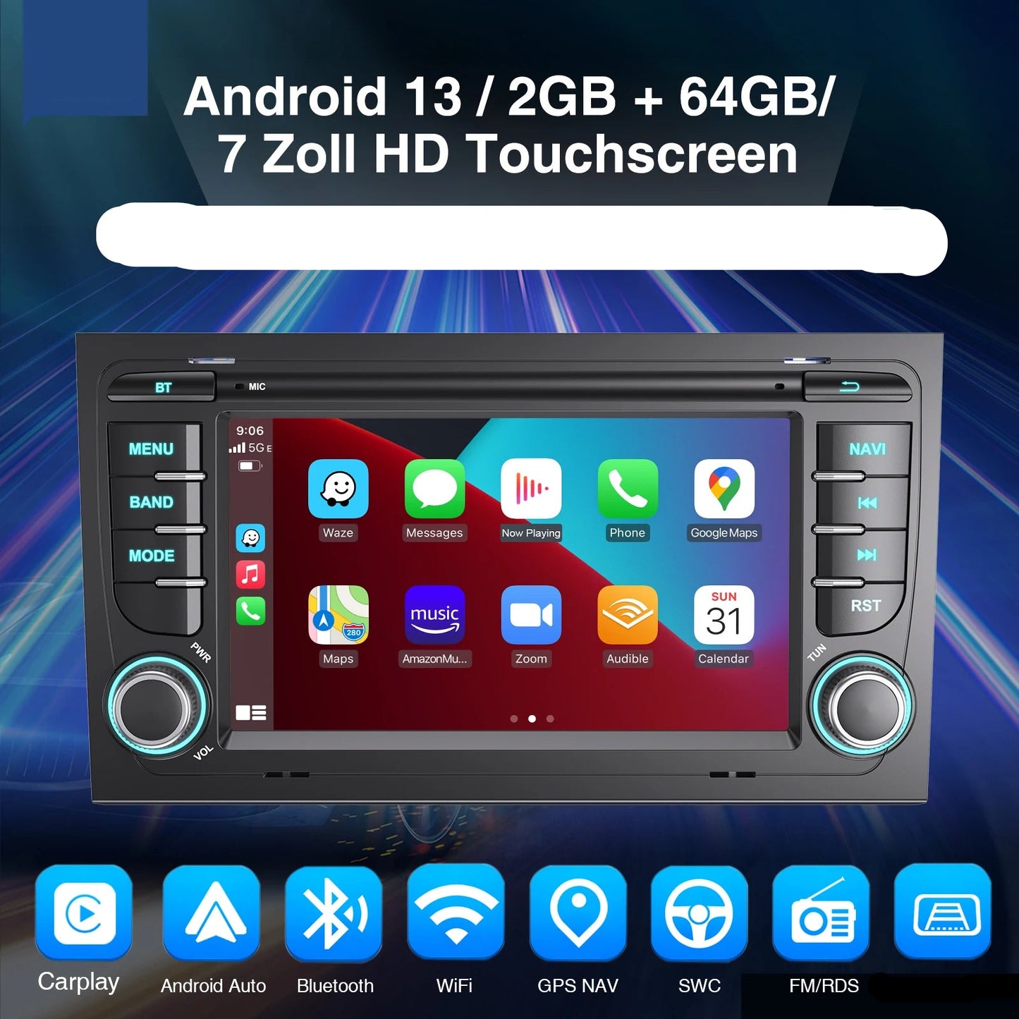 Multimedia Autoradio - Android Autoradio - Draadloze - Voor Audi A4/S4/RS4 (B6/B7) en Seat Exeo - CarPlay - GPS Navigatie - Bluetooth - 7" - Touchscreen - 64G - QUORE