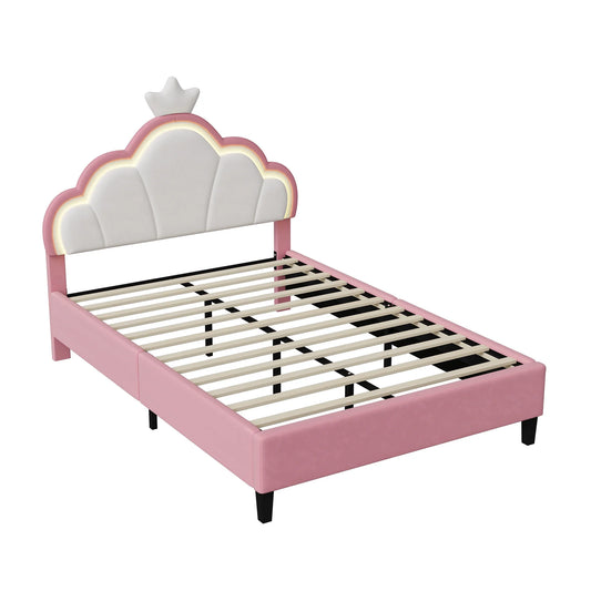 Bedombouw – Gestoffeerd Bed – Fluwelen Bekleding – Hoofdbord Wolkvorm – MDF En Staal – Lattenbodem Stevig