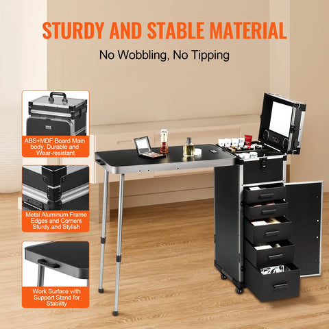 Make-up Box - Make-up Organizer - Make Up Set - Opbergdoos - Extra Groot - Make-up Cosmetica - Opbergmogelijkheid voor Make-up - met Handvat, Wielen en Steunpoten - Zwart