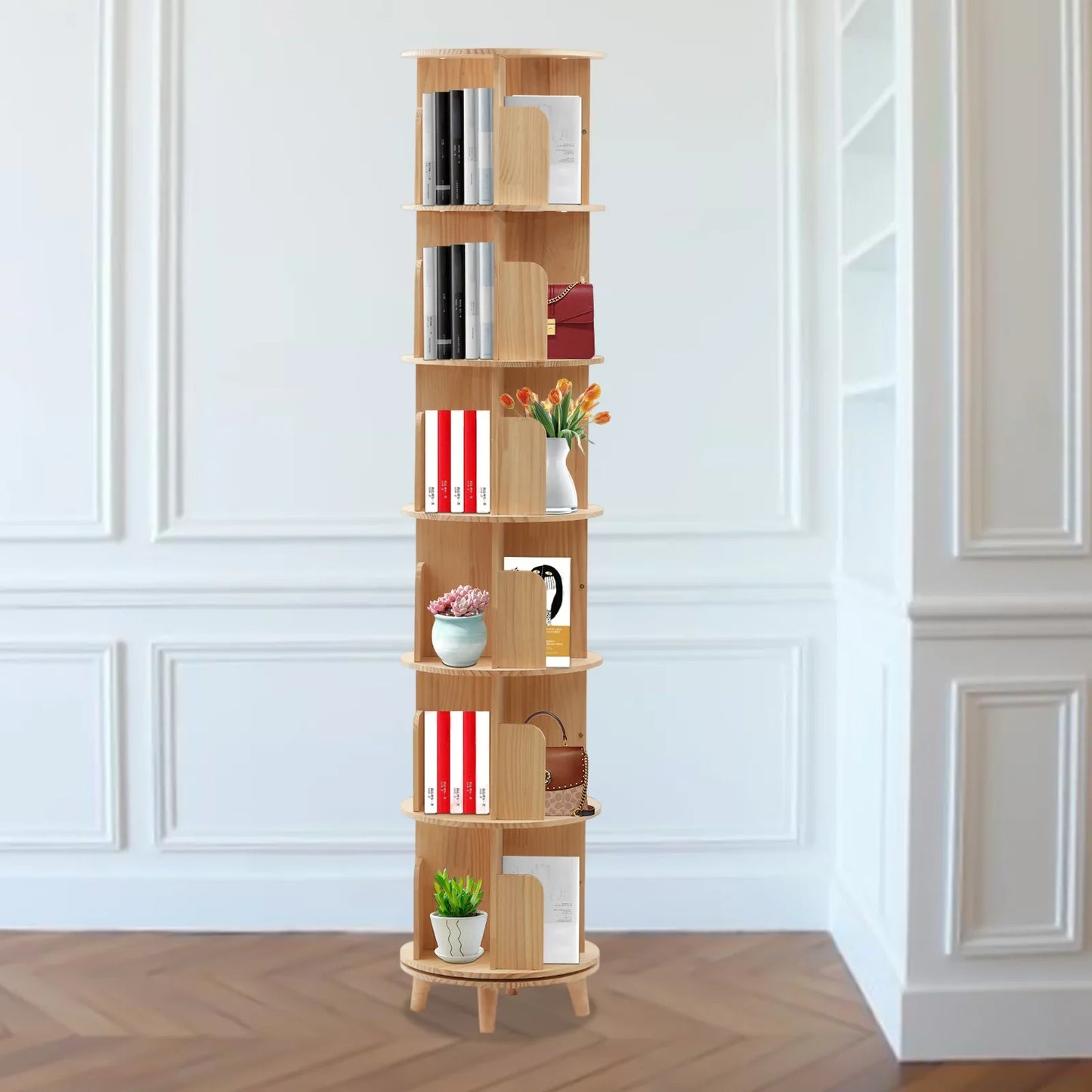 Boekenplank Draaibare Boekenkast Boekenrek Boekenhouder Rotatie – 6 Lagen – Hoogwaardig Dennenhout – 360° Draaibaar