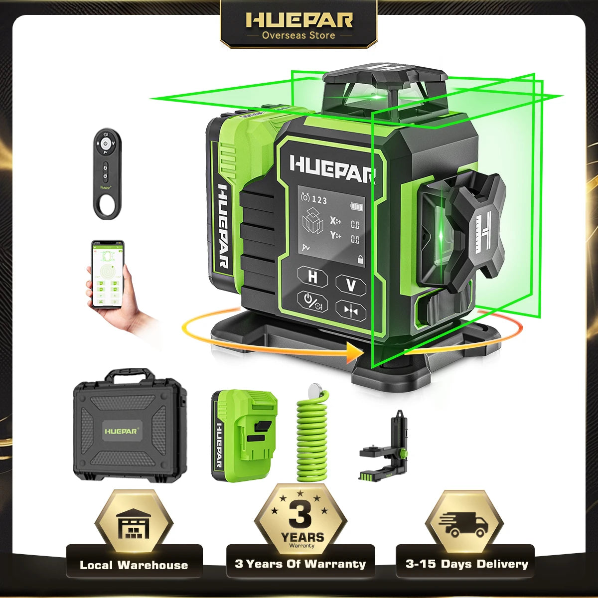 Huepar W03CG Laser Level 3x360 Self Leveling, 3D 12 Lines Bluetoothed Laser Level with Electric Rotating Base ＆ Large LCD Screen