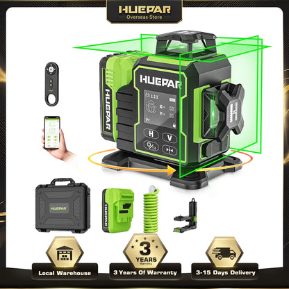 Huepar W03CG Laser Level 3x360 Self Leveling, 3D 12 Lines Bluetoothed Laser Level with Electric Rotating Base ＆ Large LCD Screen