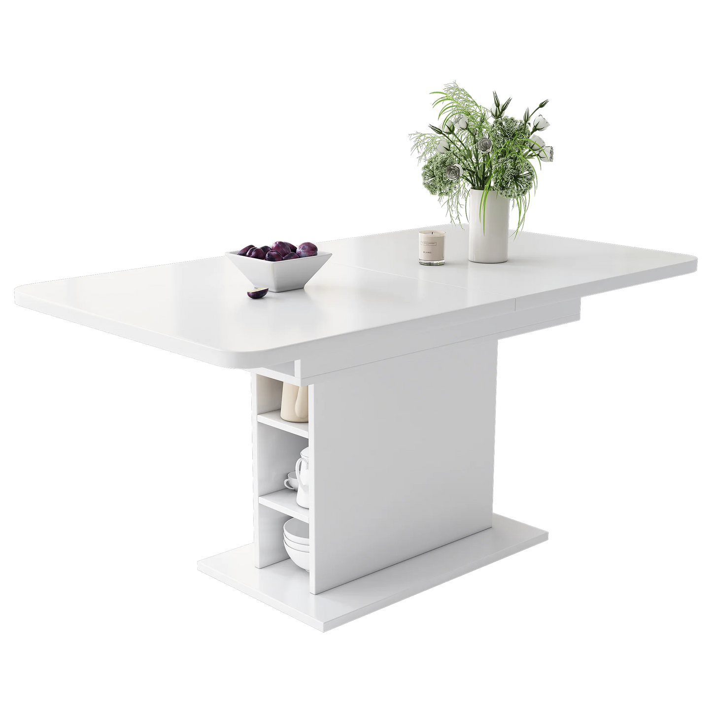Uitschuifbare Eettafel – Flexibele Tafel – Uitbreidbare Tafel – Ruimtebesparende Tafel – Middenpoot Ontwerp – Stevig Spaanplaat – Eenvoudige Montage - 130 x 70 x 75 cm - Wit - QUORE
