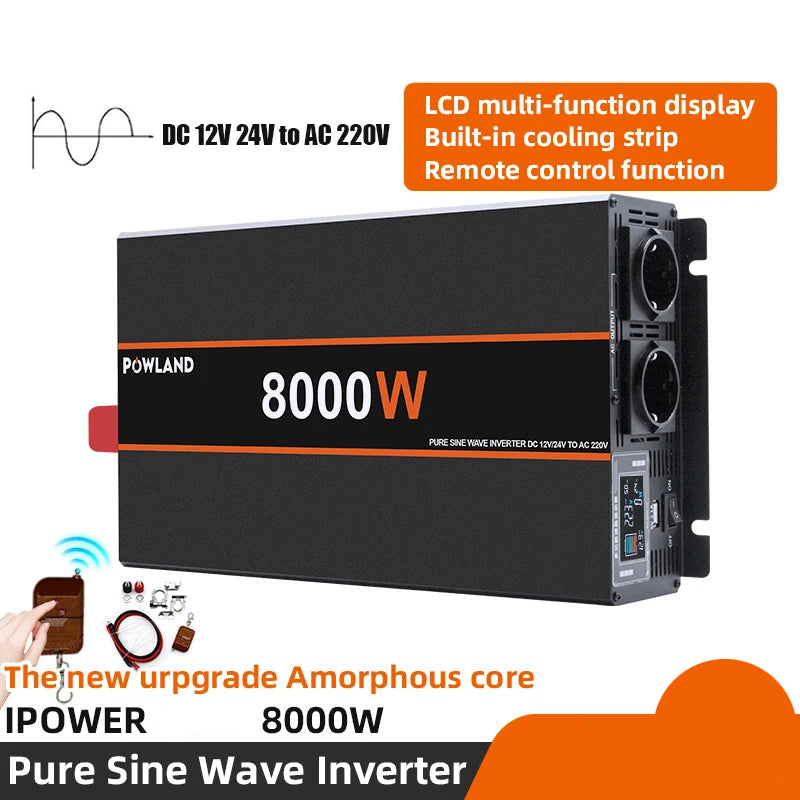 Pure Sinus Wave Omvormer – Spanningsomzetter – Inverter – Power Converter – 12V Naar 220V – 8000W Piekvermogen – LCD Display & Dubbele Ventilatie
