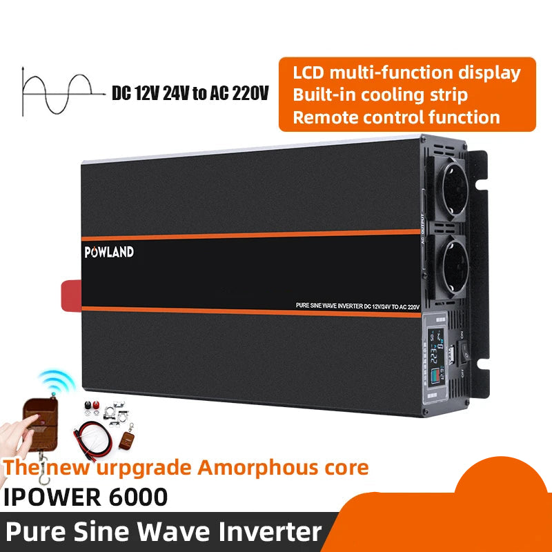 6000W Pure Sinus Omvormer – Zuivere Sinusgolf Omvormer – DC Naar AC Converter – Mobiele Inverter – Zonne-energie Omvormer – Compact Ontwerp – LCD Display & EU Stopcontact