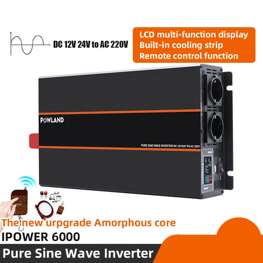 6000W Pure Sinus Omvormer – Zuivere Sinusgolf Omvormer – DC Naar AC Converter – Mobiele Inverter – Zonne-energie Omvormer – Compact Ontwerp – LCD Display & EU Stopcontact