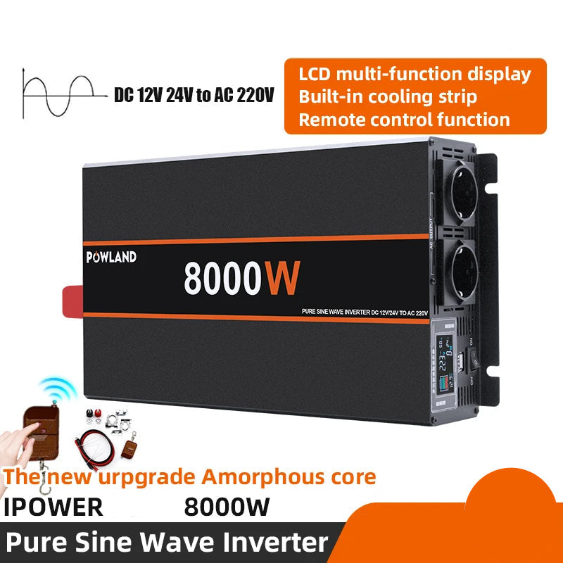 8000W Zuivere Sinusgolf Omvormer – Power Inverter – DC Naar AC Converter – Zonnepaneel Omvormer – Stroomomzetter – 24V EU Variant – Continu Vermogen 4000W – LCD Display & Afstandsbediening