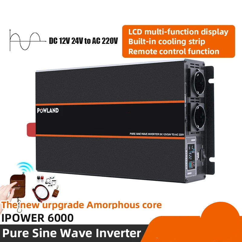 Pure Sinus Omvormer – Sinusgolf Inverter – DC Naar AC Converter – Stroomomzetter – 6000W 12V EU – Zuivere Sinusgolf – Ingebouwde LCD Display